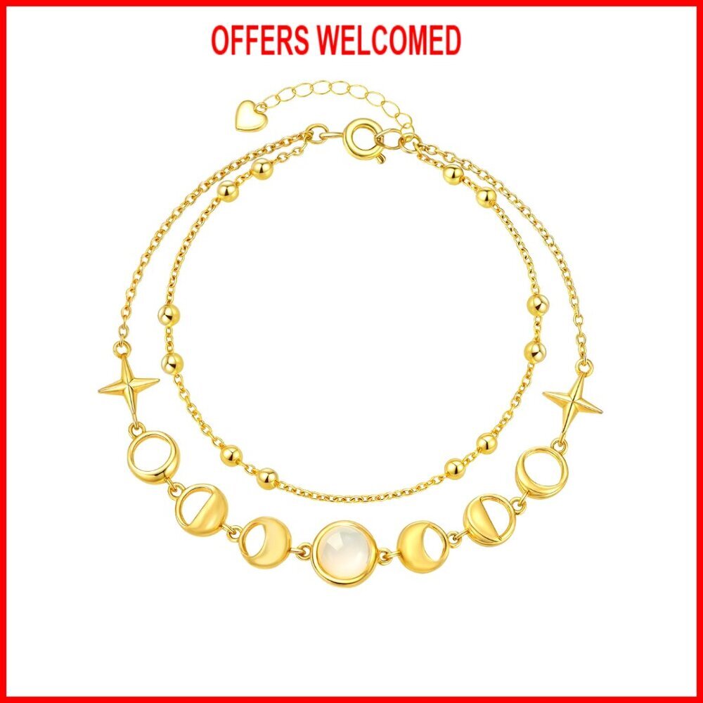 925 Sterling Silver Moonstone Moon Phase Pearl Charm Link Bracelet